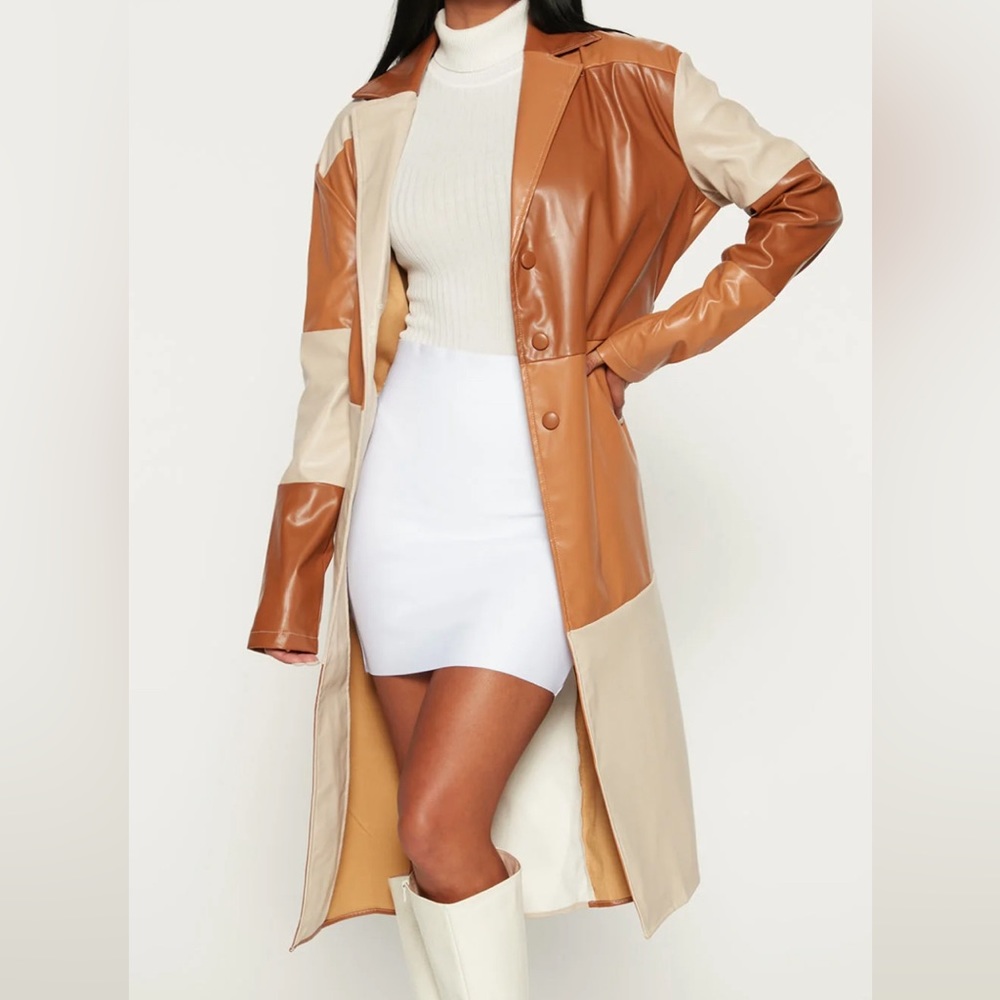 Faux Leather Colorblock Trench Coat